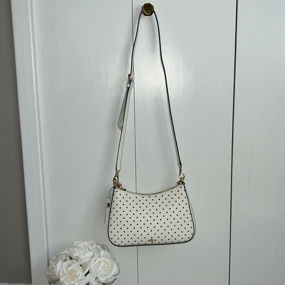 NWT 🤩Lauren Ralph Lauren Navy and White Polka Dot Leather Shoulder Bag - Picture 5 of 10